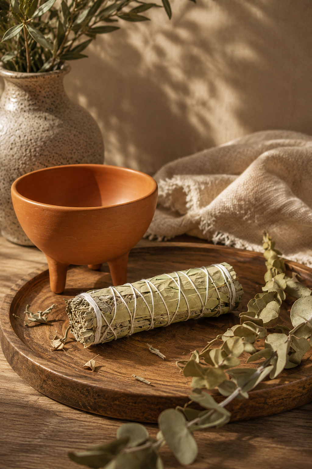 Vital Breath Egyptian sage and eucalyptus smudge stick on a ceramic surface — sustainably hand harvested from the sacred mountains of Saint Catherine, Sinai