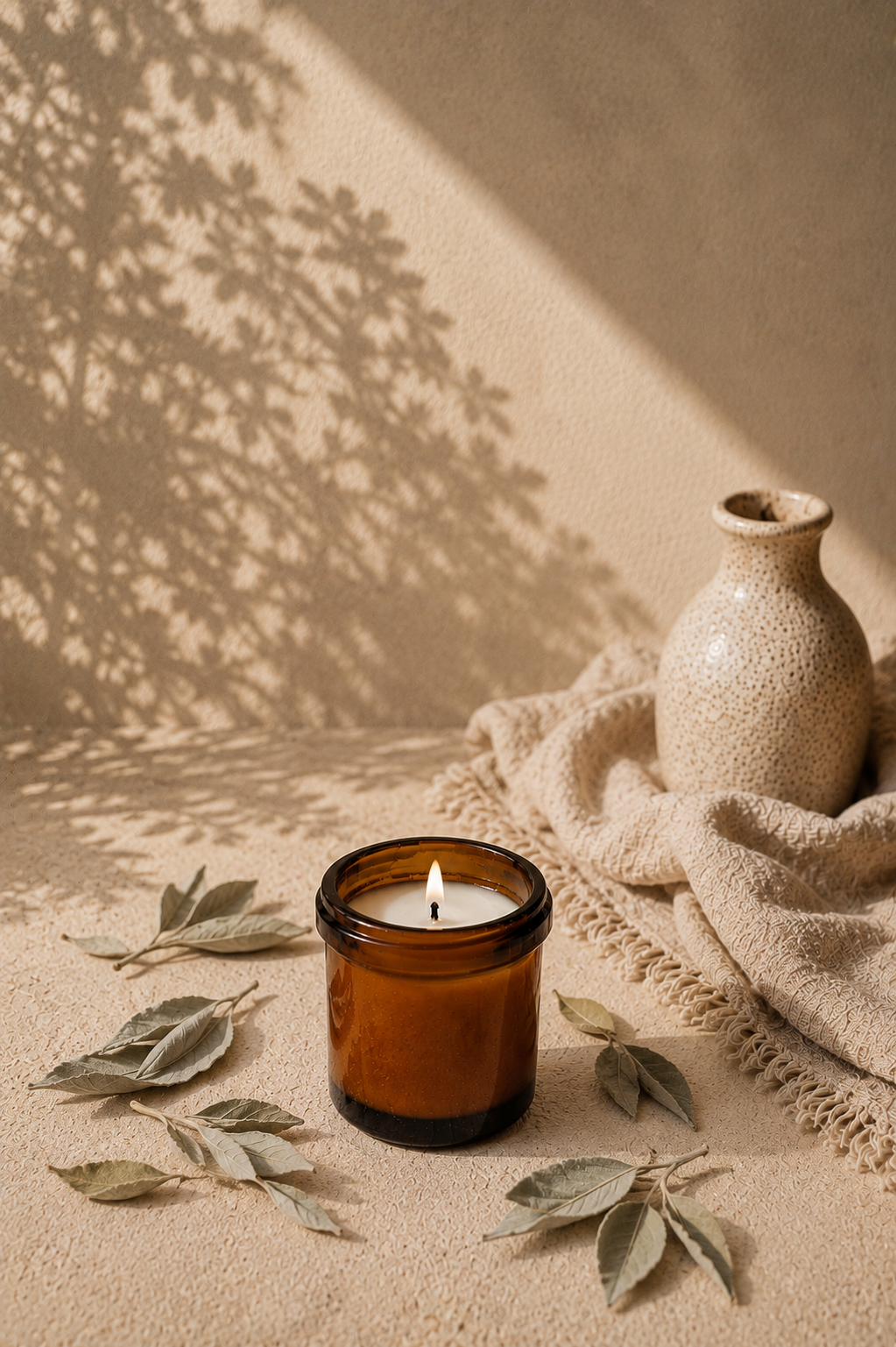 Handpoured Clary Sage candle in amber glass jar surrounded by dried sage leaves — natural aromatherapy candle for mental clarity, emotional balance and calm meditation rituals