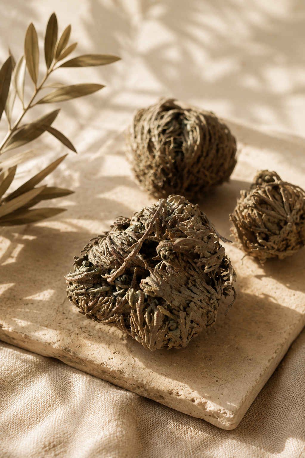 Three dried Rose of Jericho resurrection plants on a stone surface — the ancient miracle plant that blooms back to life in water, bringing abundance, renewal and positive energy to your home