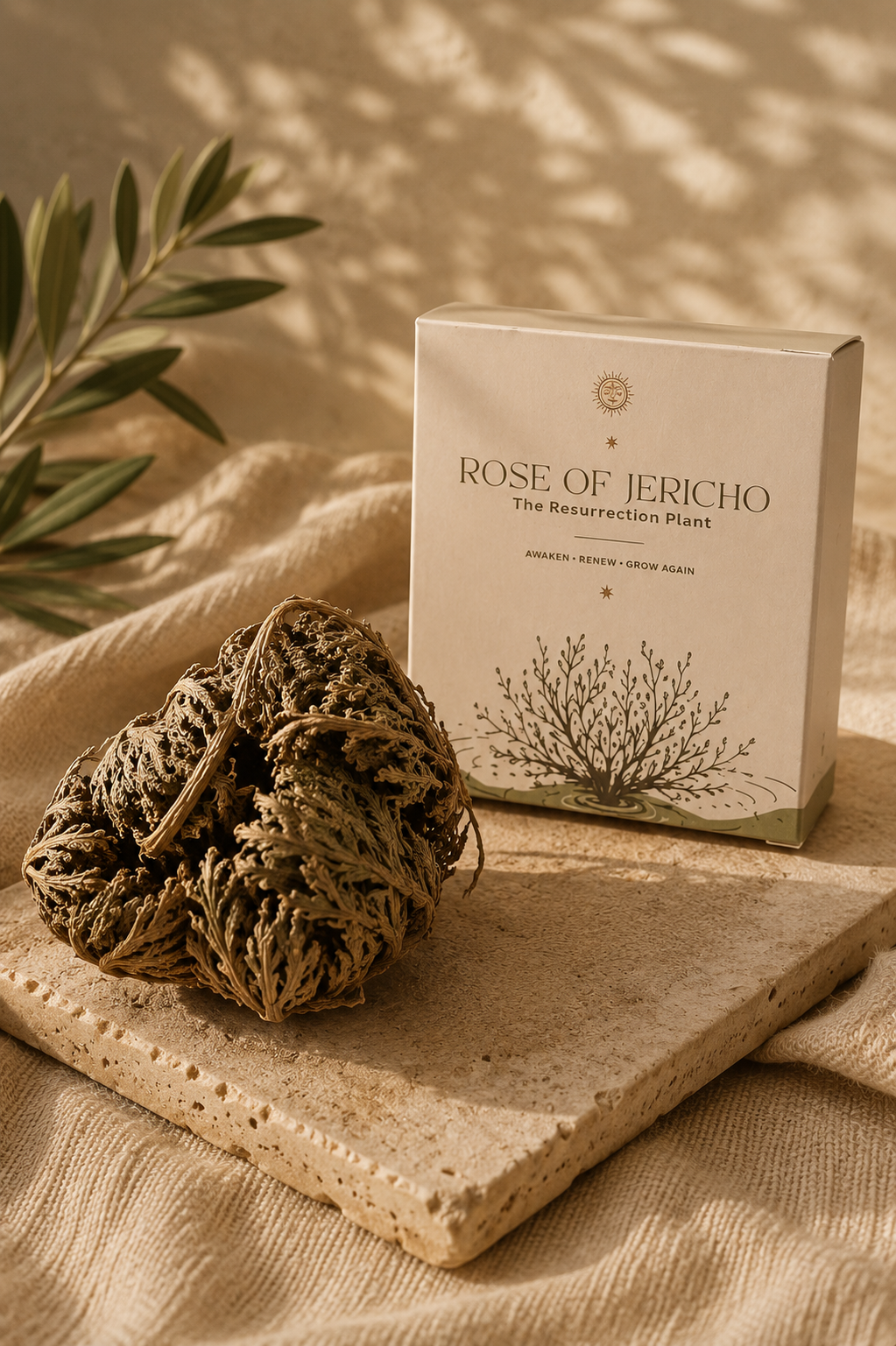 Rose of Jericho resurrection plant beside its elegant packaging box on a stone surface — the miracle plant that comes back to life in water, symbolising renewal, abundance and new beginnings