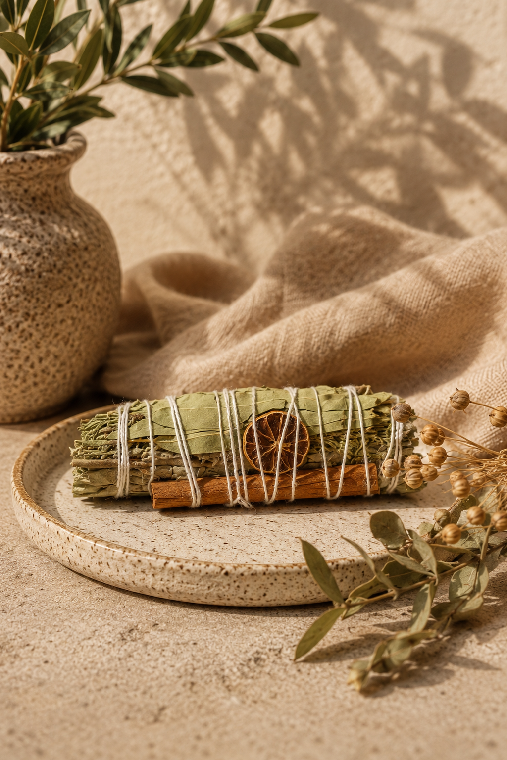 Sacred Shield Egyptian sage and wild herb smudge bundle on a handcrafted ceramic plate — sustainably harvested from Saint Catherine, Sinai for spiritual cleansing