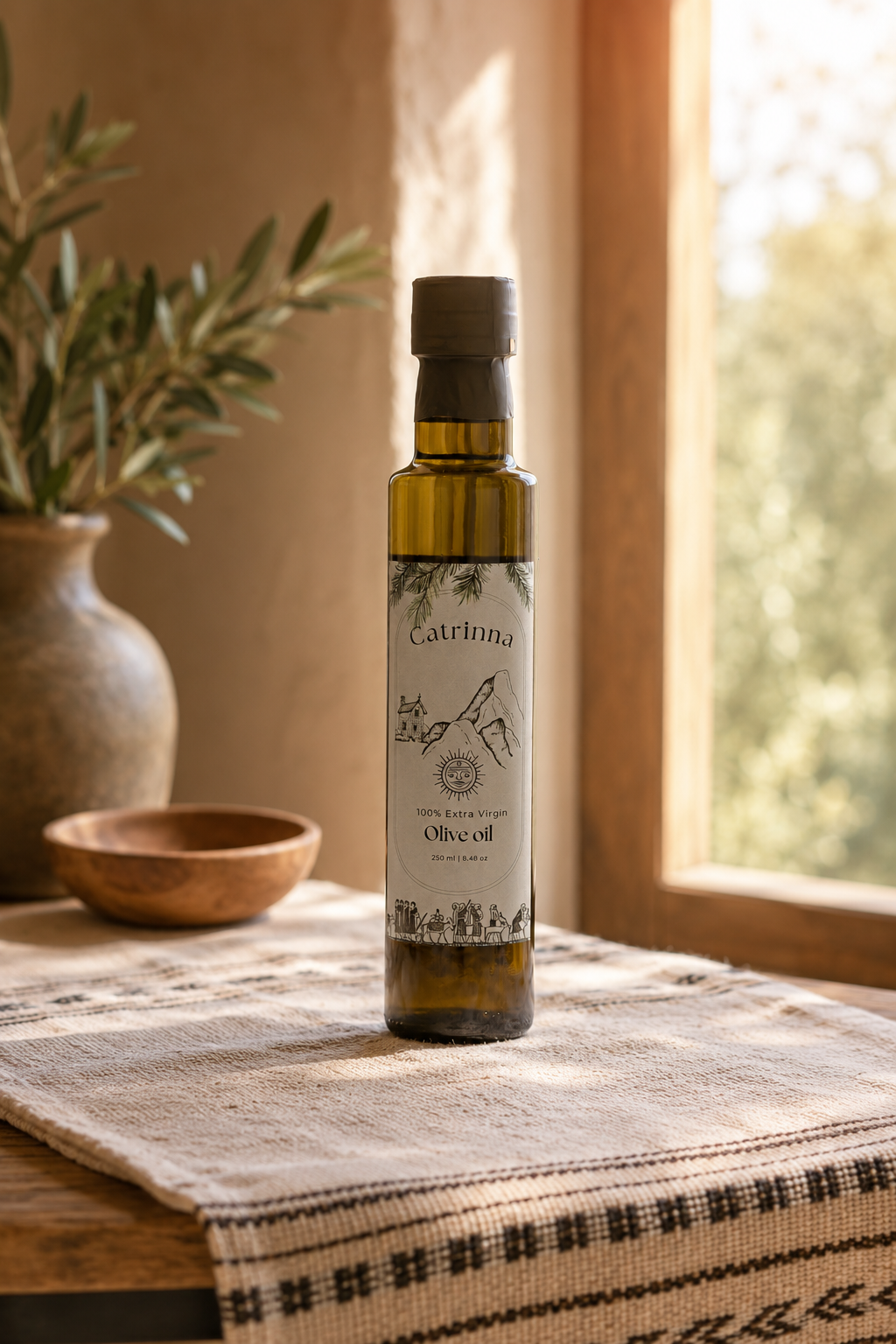 A bottle of Caltagirone extra virgin olive oil stands on a woven table runner in a warm, rustic setting with a window, wooden bowl, and olive branches in the background Saint Catherine, South Sinai Governorate 8730070, Egypt