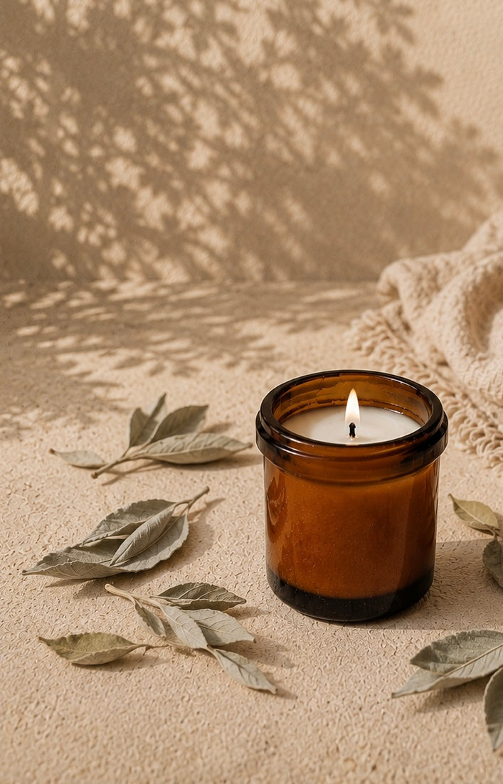 An amber glass jar candle with a lit wick sits on a textured beige surface, surrounded by scattered dried leaves and a soft beige knit blanket under dappled leaf shadows.
