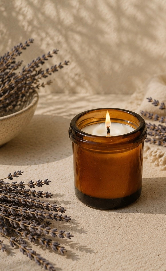 An amber glass jar candle with a lit wick sits on a textured beige surface, surrounded by dried lavender sprigs and a ceramic bowl in warm natural light Natural lavender beeswax candle with soft warm glow — handcrafted for sleep, meditation and creating a peaceful sacred space at home