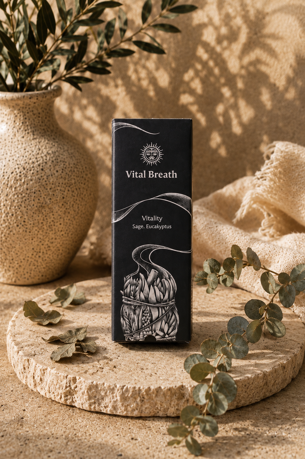 Vital Breath sage eucalyptus smudge bundle — Egyptian wild sage from Saint Catherine, Sinai blended with eucalyptus for air purification and respiratory wellness rituals