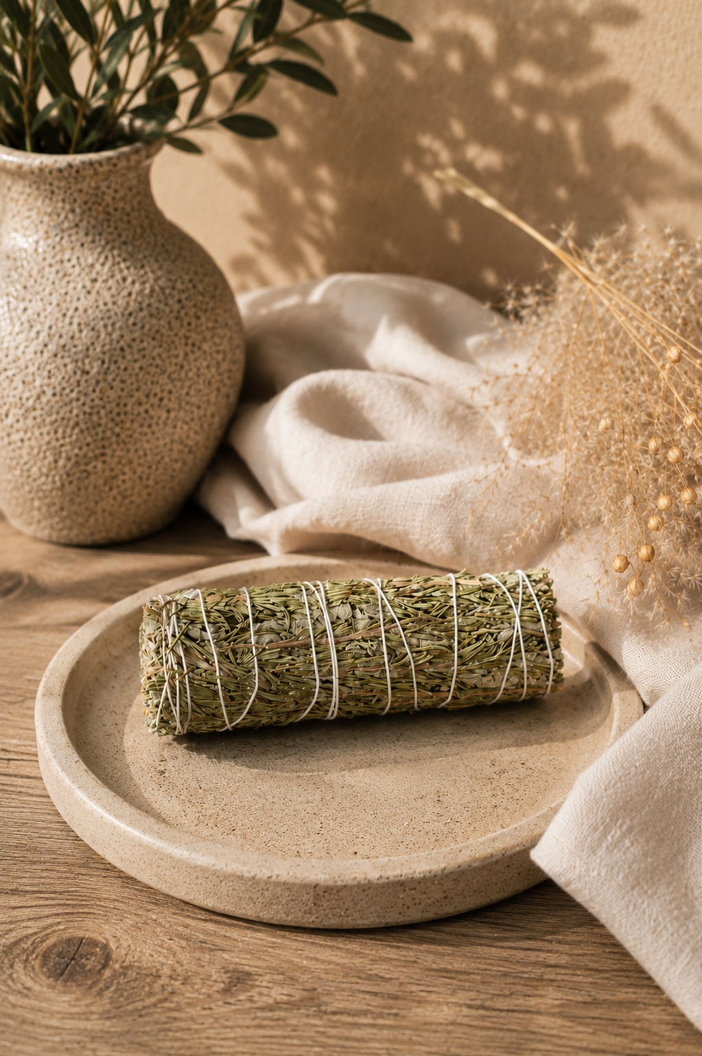 Egyptian sage and rosemary smudge stick on a natural ceramic tray — hand harvested from the sacred mountains of Saint Catherine, Sinai for grounding and clarity
