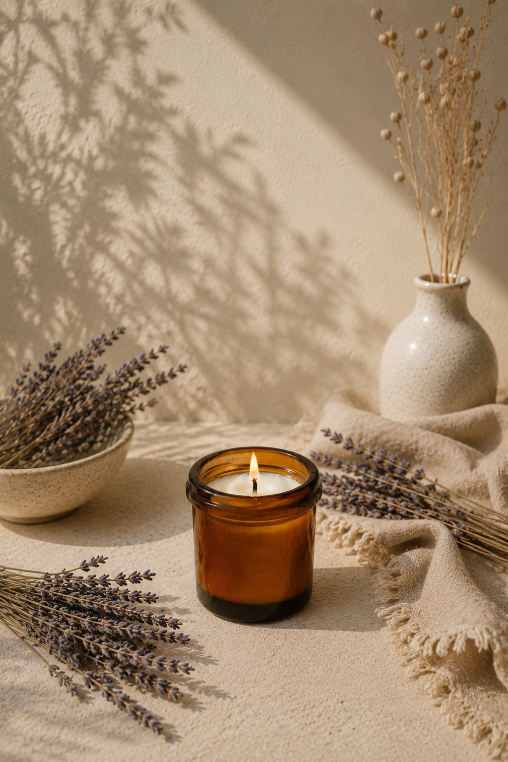 An amber glass jar candle with a lit wick sits on a textured beige surface, surrounded by dried lavender sprigs, a cream ceramic vase with dried stems, and a cream fringed cloth under warm natural light with leaf shadows Hand Poured lavender beeswax candle in a natural setting — pure aromatherapy candle for deep relaxation, anxiety relief and calming bedtime rituals