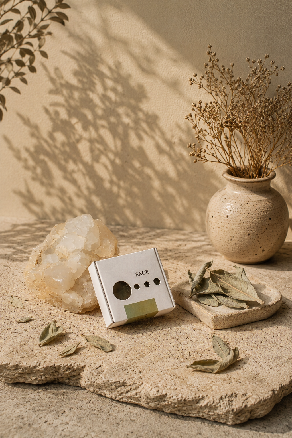 Natural sage soap bar in elegant white packaging surrounded by dried Egyptian wild sage leaves and a crystal on a stone surface — handcrafted with sage from Saint Catherine, Sinai
