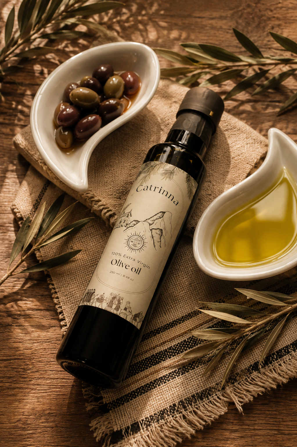 Catrina extra virgin olive oil bottle surrounded by fresh olives and golden olive oil on rustic wooden surface — pure natural oil for ritual and wellness
