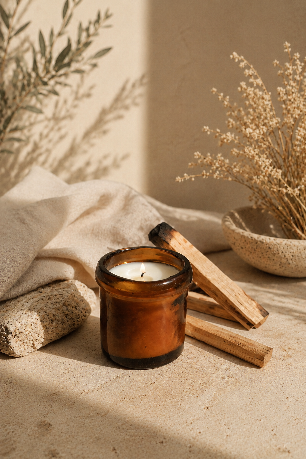 Handpoured Palo Santo beeswax candle in amber glass jar beside real Palo Santo wood sticks — made with pure rare Palo Santo essential oil for authentic meditation and stress relief