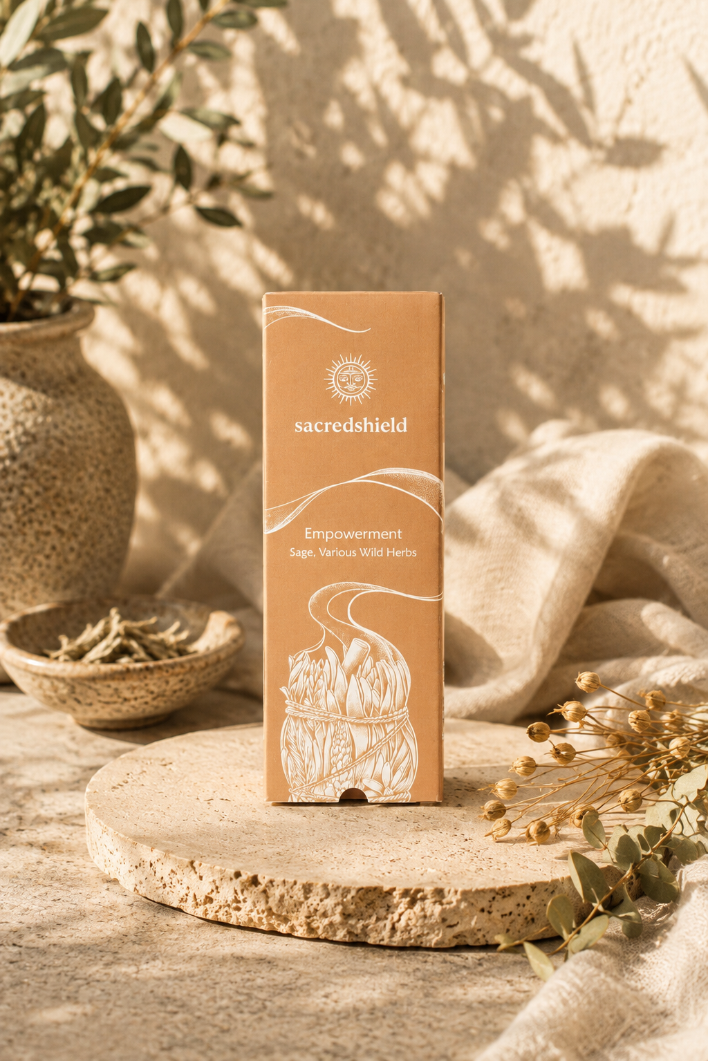 Sacred Shield sage empowerment blend in elegant packaging — handcrafted with Egyptian wild sage and herbs from the mountains of Saint Catherine, Sinai