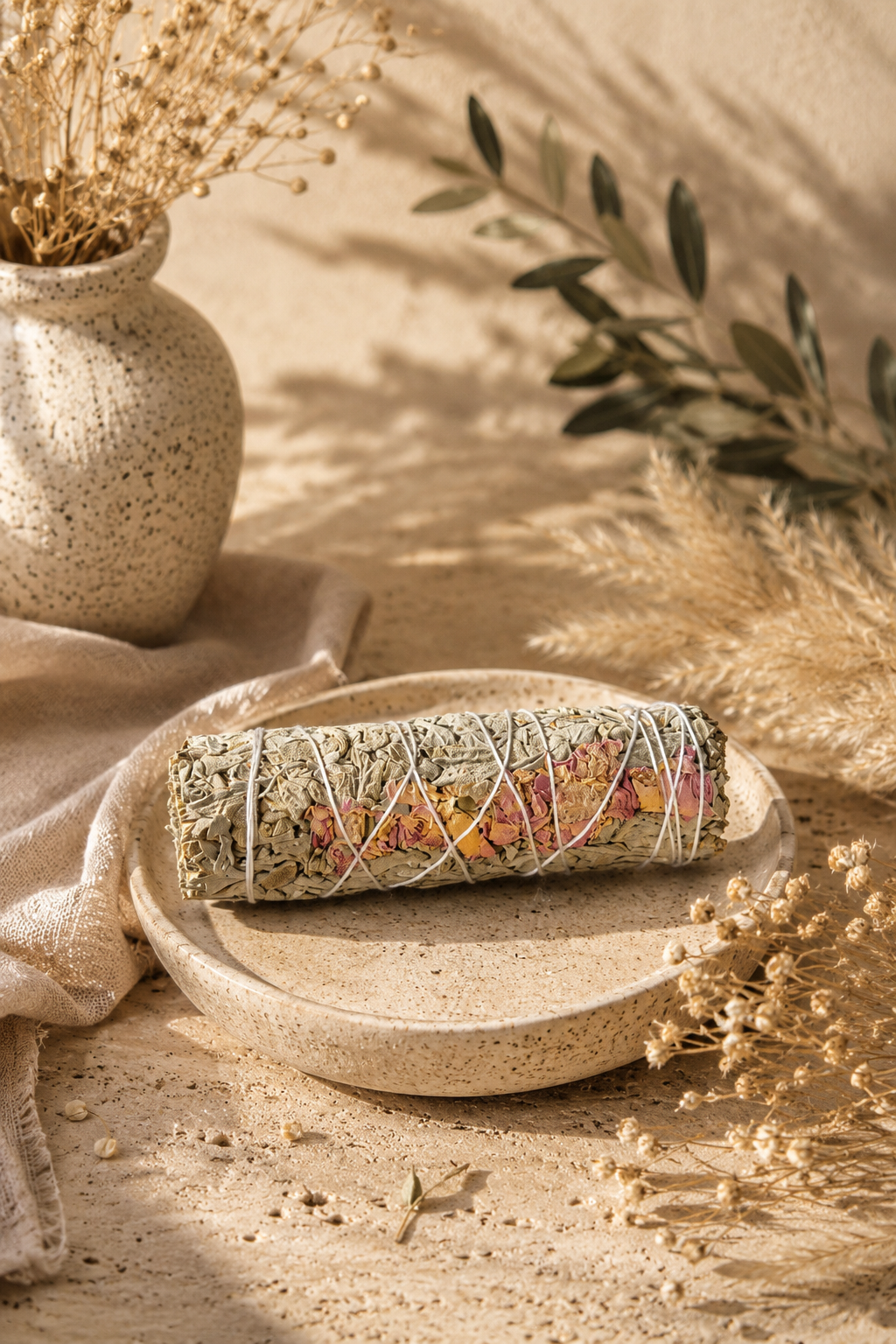 Dream Walker sage mugwort and rose petal smudge bundle on ceramic plate — handcrafted with Egyptian wild sage from the sacred mountains of Saint Catherine, Sinai